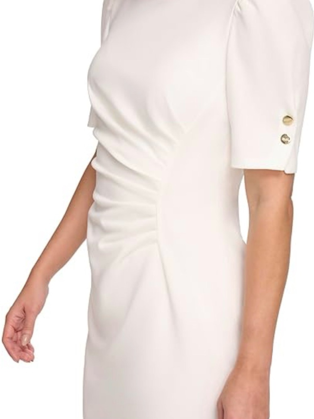 DKNY Women's S/S Ruched Knee Length Sheath Dress W/Button Detail Size 10 - Ivory - Picture 4 of 4